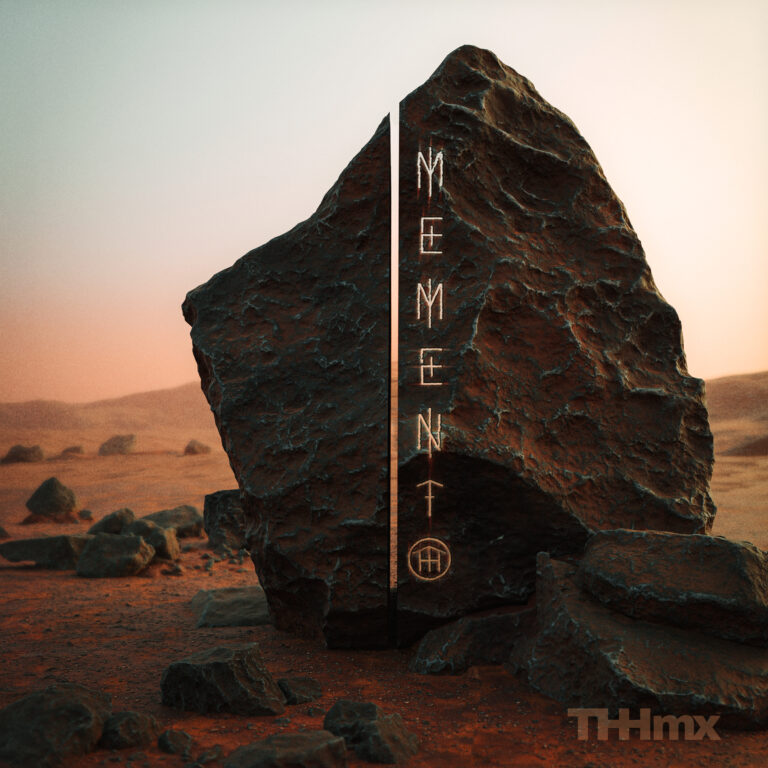 A large jagged brown boulder on a martian landscape with "Memento" runes vertically inscribed in gold.