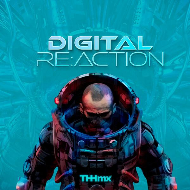 THHmx's Score Album Cover for "DIGITAL RE:ACTION" for Trailer Music and Commercial Music. Aquamarine background with cyborg-like mech warrior's top half.