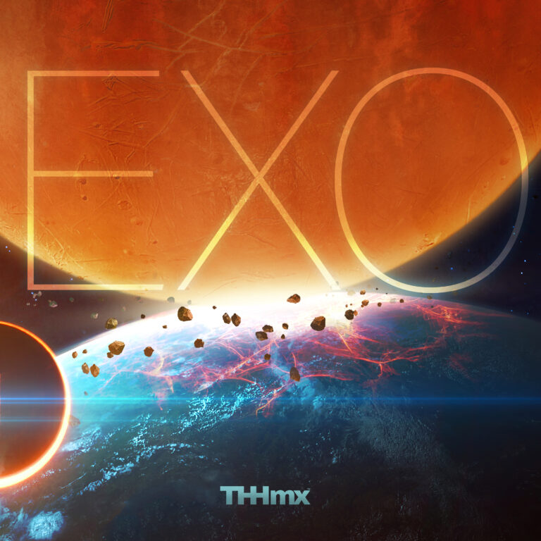 Thee celestial bodies, 2 larger orange and earth like, another smaller, colliding on the Album cover of THHscore's "EXO" Album.