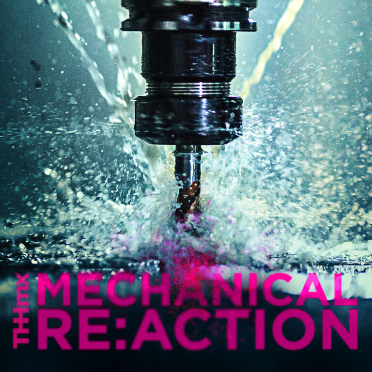 Album cover for THHmx THHscore's "Mechanical Re:Action" Album. Closeup shot of a CNC machine processing a piece of metal. There are three water streams splashing the object to cool it down.