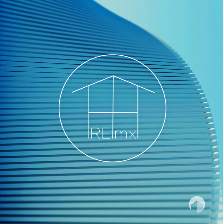 THHmx's newest Album RE:mx cover, consisting of parallel horizontal aquamarine lines and the THHmx logo of a thin white circle with a linear house like structure on the inside.