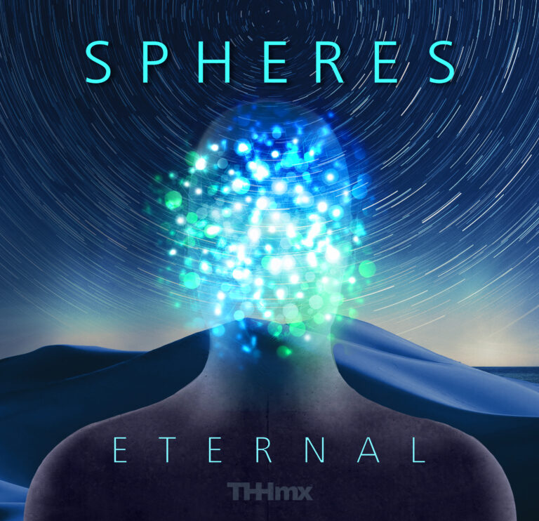 THHmx's Album Cover for the new "SPHERES: ETERNAL" Album, showing a human's upper torso with the head makeup of glowing lights against the backdrop of stars spinning against a night horizon.