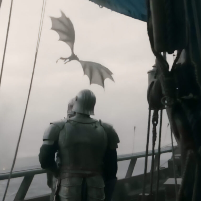 Dragon over a ship, man standing on the deck in armor